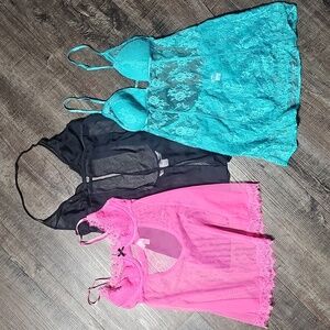 Victoria's Secret Pink, Black & Teal Lace Babydoll Chemises - 3 Pc Set
